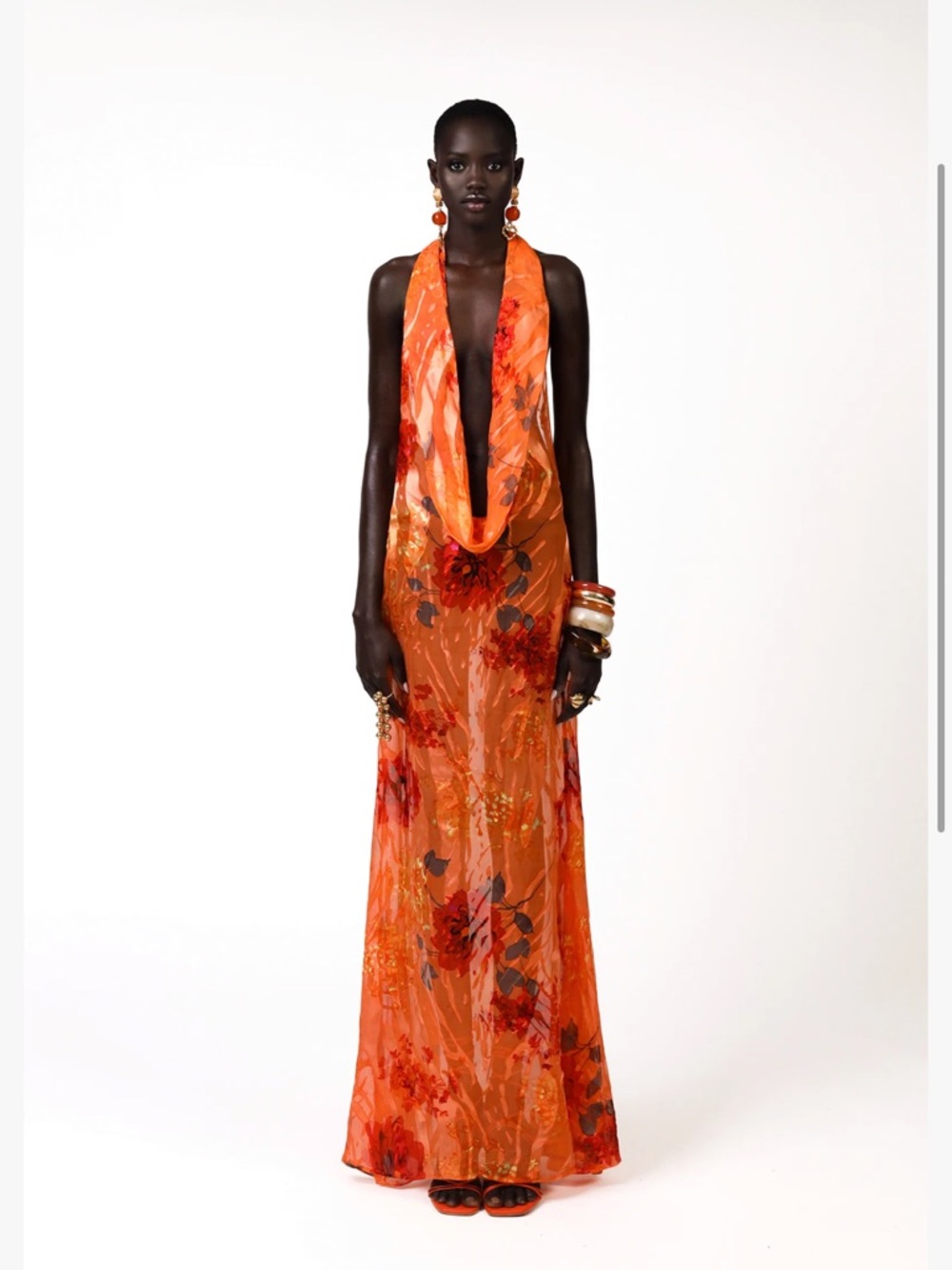 Kept Silk Orange Floral Cowl-Neck Maxi Dress - Brand New